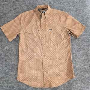 Wrangler ATG Shirt Men Medium Tan Geometric Print Short Sleeve Button Up Vented